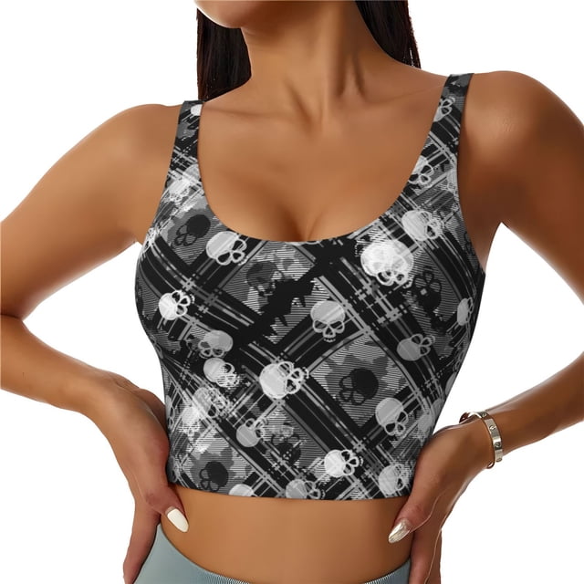 Fotbe Seamless Pattern With Skulls Sujetador Deportivo Largo sin Aros para Mujer con Almohadillas y Soporte Medio, Transpirable y Absorbente, Camiseta Tipo Chaleco o Tank Top-Small