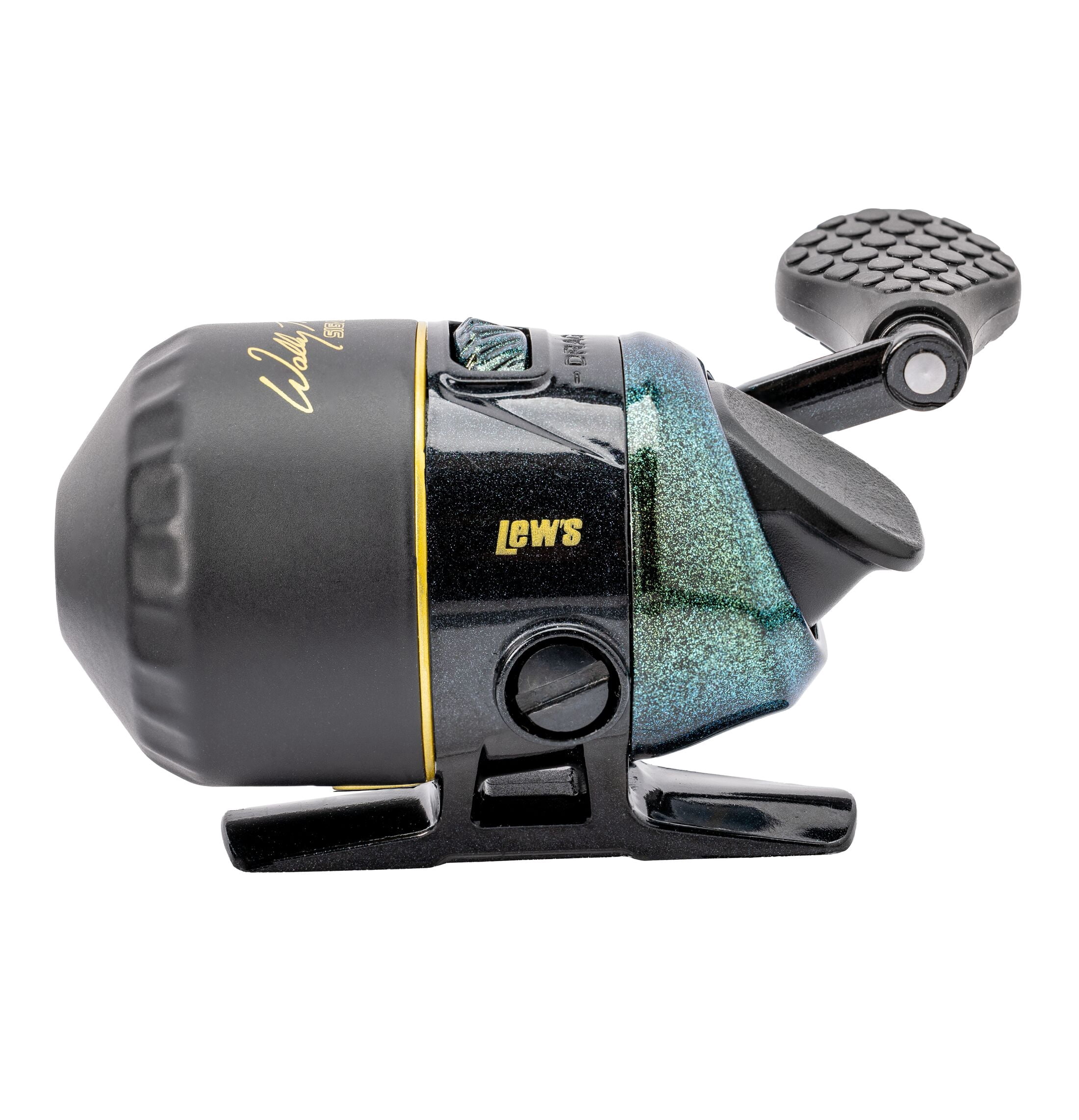 Lew's Wally Marshall Signature Series Spincast Fishing Reel, 2+1 Bearings, 4.3:1 Gear Ratio, All Metal Gears, Reversible Handle, Combat Grip Knob, 6-Pound Line, Green/Gold (Clam Packaging)