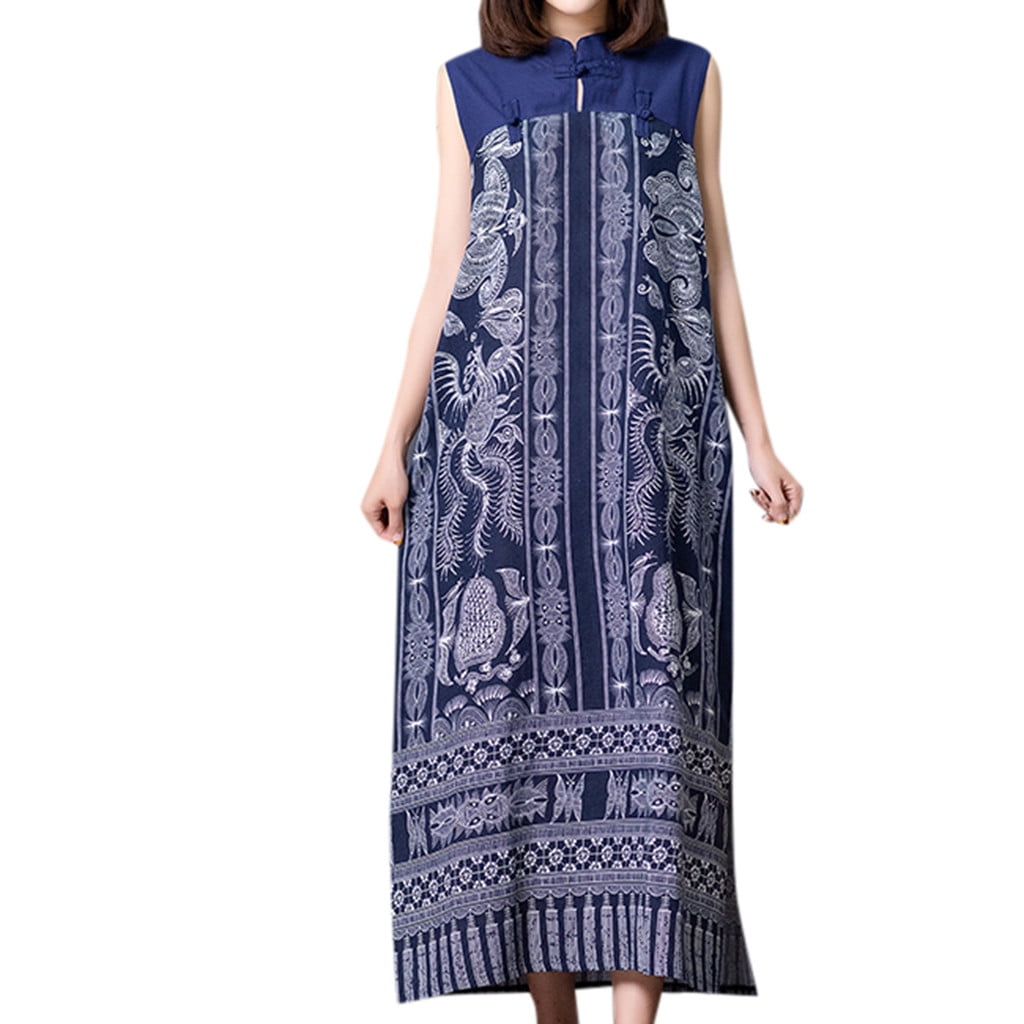 Oneck Women size sleeveless Printed Cotton Long Dress Loose Plus