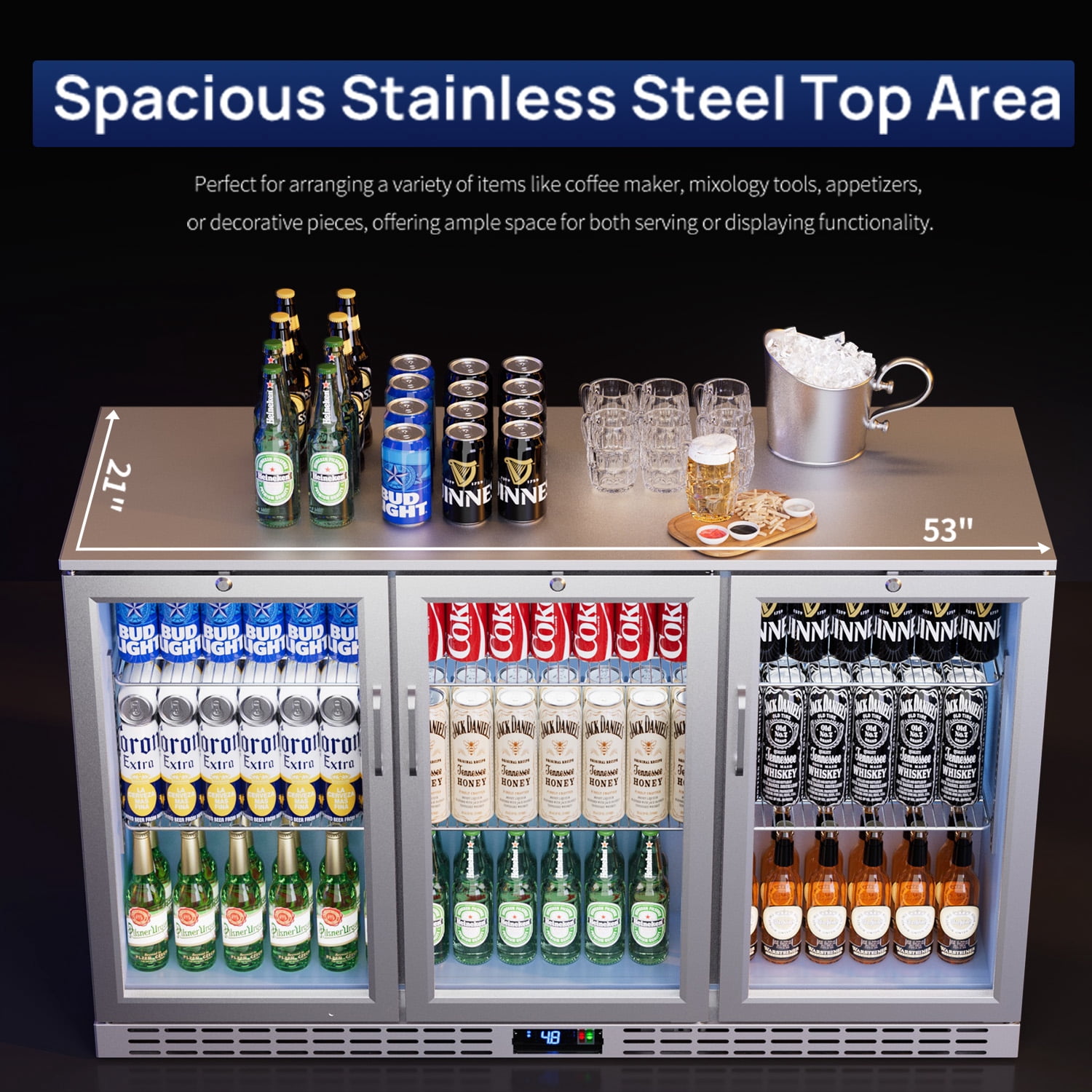 Coolake 53 inch 11.7 cu.ft Back Bar Cooler Commercial Counter Height Beverage Refrigerator with 3 Glass Doors & LED Lighting, 115v