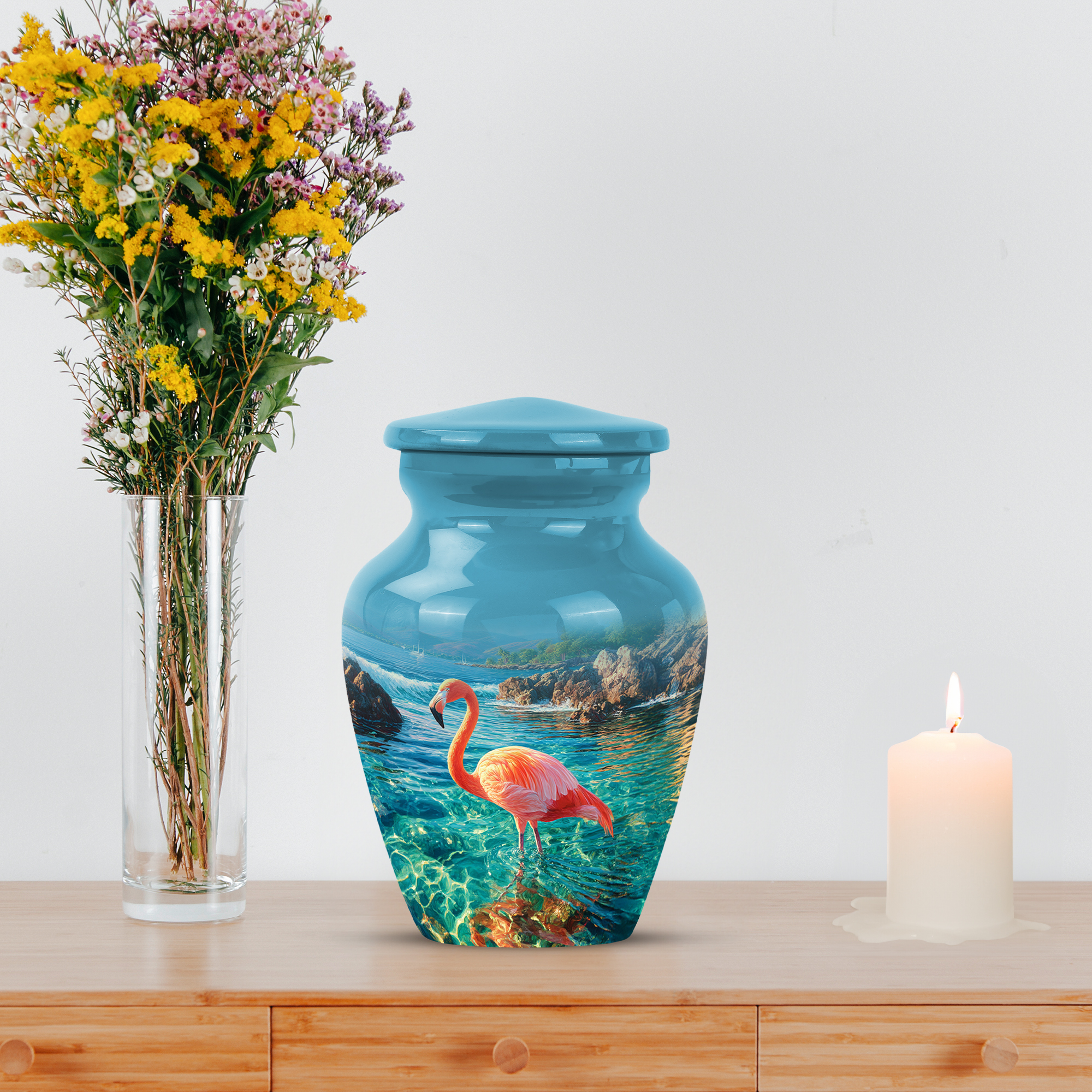 MUKTIVE Orange Flamingo Decorative Urn for Ashes Adult Mother & Father, Keepsake Memorial Urns for Women Ashes, Ocean Blue Urns for Funeral, Cremation Urn for Adult Male (3 Inch)