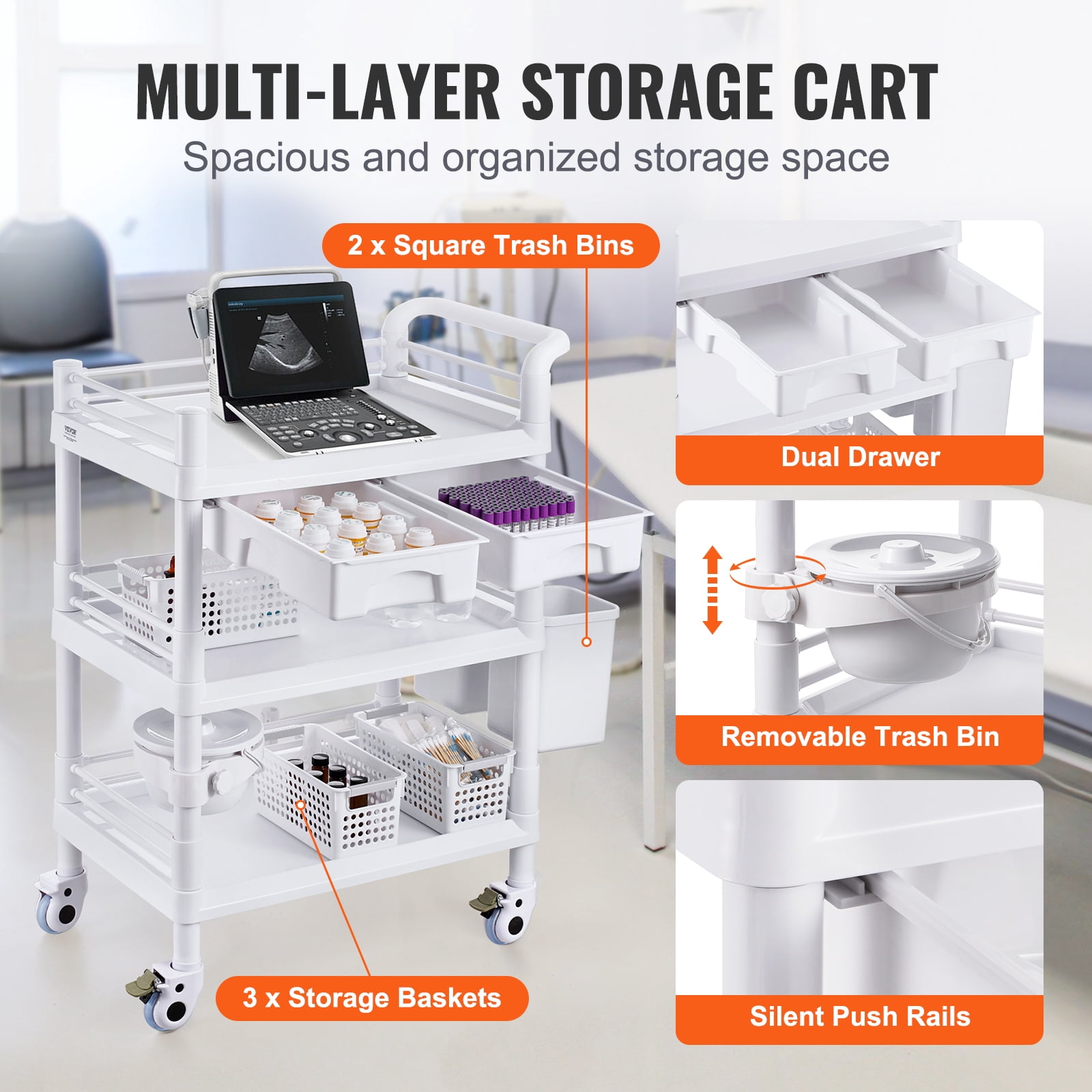 VEVOR 3 Tiers Lab Carts, Lab Utility Cart with 3 Trays & 4 Silent Wheels, Mobile Medical Cart with PP Material, Lab Rolling Cart with 3 Trash Cans for Lab, Clinic, Hospital, Salon, White
