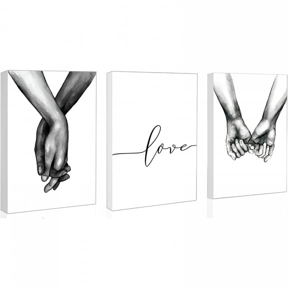 LAMIRO Love and Hand in Hand Wall Art Canvas, Black and White Sketch Drawing (Set of 3 Framed 8"X10" Black Art)