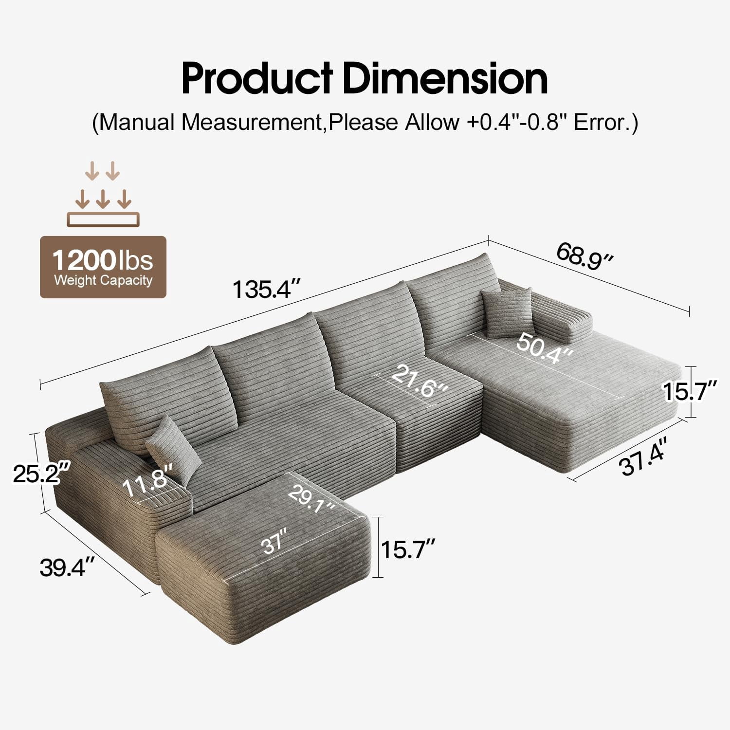 Sailvan 135" Cloud Sectional Couch, Cloudy Sofa with L-Shape Chaise & Ottoman, Upholstered Couches for Living Room & Bedroom, No Assembly Required, Plush Corduroy Fabric, Gray