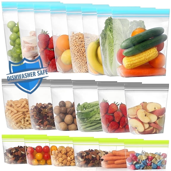 Lerine 20 Count Dishwasher Safe Reusable Freezer Bags, Leakproof Double Zipper Sandwich Bag