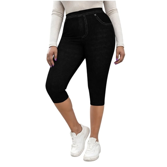LNWUY Womens High Waisted Capri Denim Short Knee Length Faux Denim Printed Pants Skinny Slim Fit Stretch Denim Capri Jeans Black M