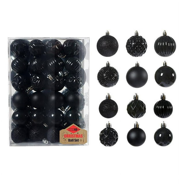 48 piezas de adornos navideños colgantes, 6 cm y 4 cm irrompibles para árbol de Navidad. Negro