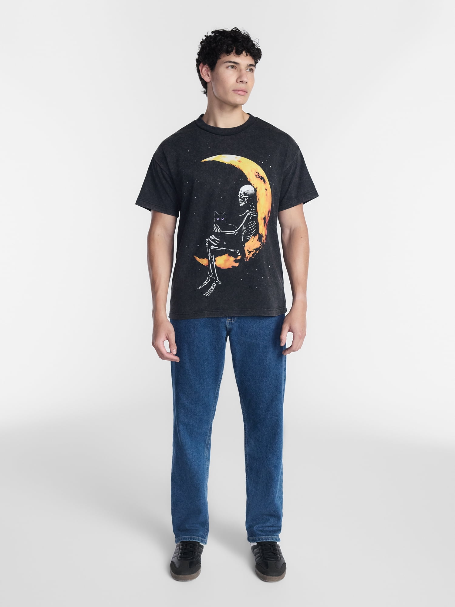 Halloween Boxy Fit Moon Skeleton Graphic Tee Shirt, Men's Sizes XS-4XLT