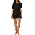 thumbnail image 2 of Conjunto de lounge de punto waffle para mujer INSPIRE CHIC, pijama de manga corta con pantalones cortos y bolsillos, ropa de dormir suave de mezcla de algodón, negro, 2 of 5
