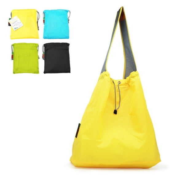 EcoJeannie® 4 Pack NEW Ripstop Nylon Foldable Daw-String Reusable Shopping Bag With Built-In Pouch and Reinforced Handle, Yellow & Blue & Green & Black