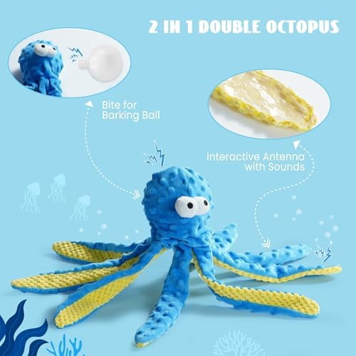 Crinkle Squeaky Octopus Dog Toy - Ocean Theme Stuffed Interactive Rope Toys for Small, Medium & Large Dogs, Durable for Aggressive Chewers (Crab)