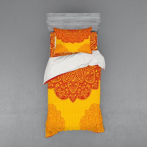 Ambesonne East Bedding Set 3 Pcs, Retro Traditional Design, Twin, Red Yellow