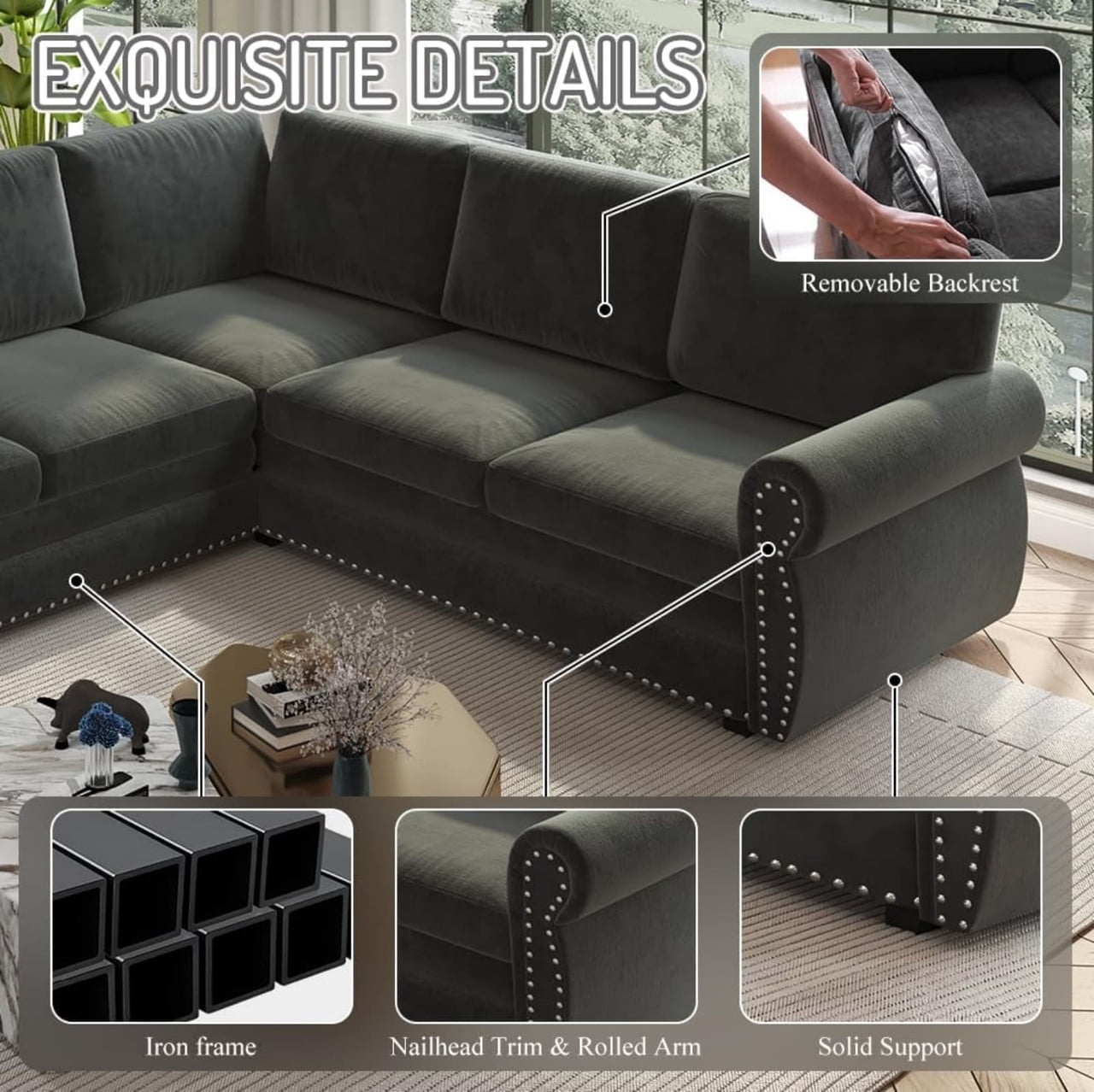 118" L-Shaped Convertible Sleeper Couch Bed, Chenille Upholstered Sectional Sofa with Pull-Out Sofa Bed, Modern Chesterfield Sofa for Living Room