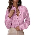 thumbnail image 3 of Women'S Plaid Ruffle V Neck Button Down Blouse Casual Long Sleeve Gingham Work Checkered Shirt Tops Pink S, 3 of 8