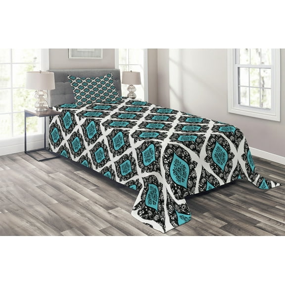 Ambesonne Floral Quilted Coverlet 2 Pcs, Victorian Antique Style, Twin Size, Black Aqua White