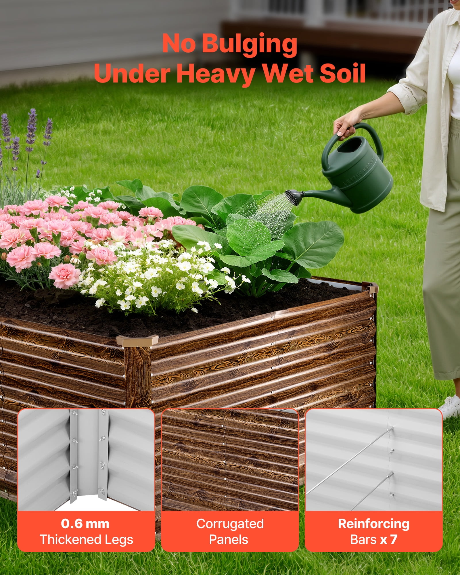 VEVOR Galvanized Raised Garden Bed, 8 x 4 x 2 ft, Rectangular Metal Planter Box Kit Outdoor, Bottomless Elevated Planting Box with Gloves, Alu-Zinc, for Growing Flowers Vegetables, Deep Wood Grain