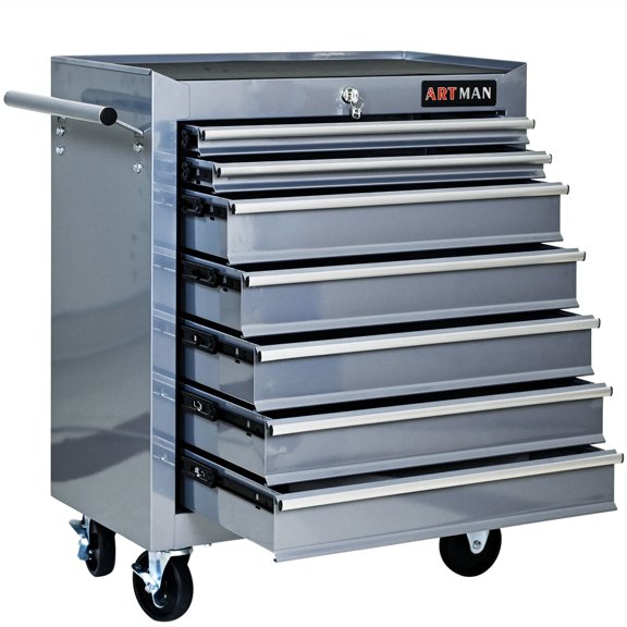 Aukfa Tool Chest, 24.5 in 7-Drawer Steel Rolling Tool Box on Wheels for Workshop Garage, Silver Gray