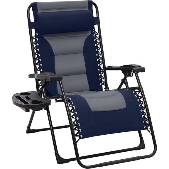 JEAREY Oversized Padded Zero Gravity Chairs, Folding Lounge Chair Outdoor Patio Recliner, Anti Gravity Chair for Backyard with Headrest, Cup Holder, Side Tray, Polyester Mesh - Navy/Gray
