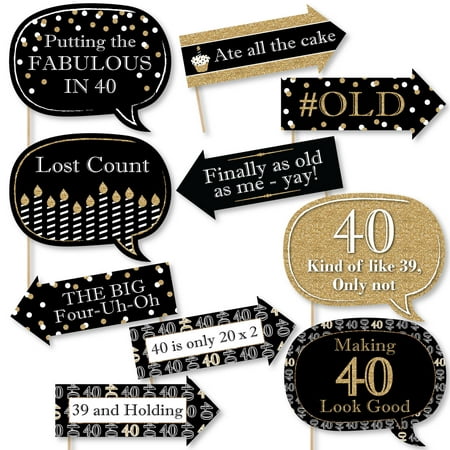 Funny Adult 40th Birthday - Gold - Birthday Party Photo Booth Props Kit - 10 Count