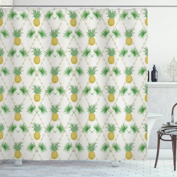 Tropical Shower Curtain, Graphic Image of Palm Branches and Pineapples on Diamond Shape Pattern Backdrop, Fabric Bathroom Set with Hooks, 69W X 84L Inches Extra Long, Multicolor, by Ambesonne
