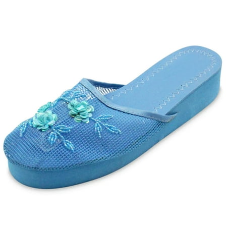 

Women s Chinese Sequin Mesh Floral Slipper Platform Wedge Sandals