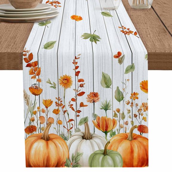 nqOlkjepod Orange Green Fall Table Runner 36 Inches Long Farmhouse Dress Scarves, Pumpkins Botanical Thanksgiving Vintage Dining Tablerunner for Coffee Table/Kitchen Island/Party, Small 13"x36"