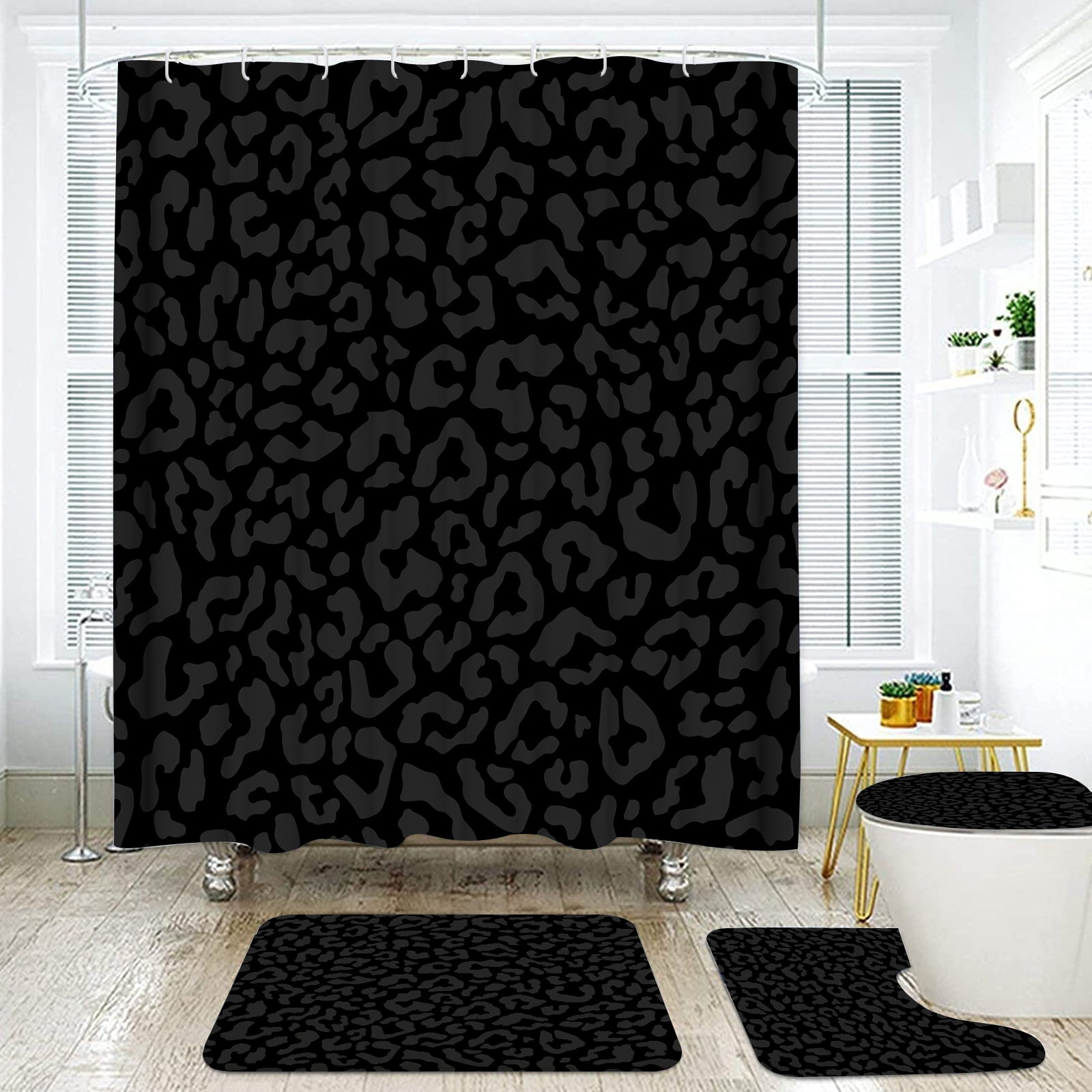 Hadint 4Pcs Black Leopard Print Pattern Shower Curtain Set, Shower Curtain and Rug Set, 12 Pcs Hooks, 71in x 71in