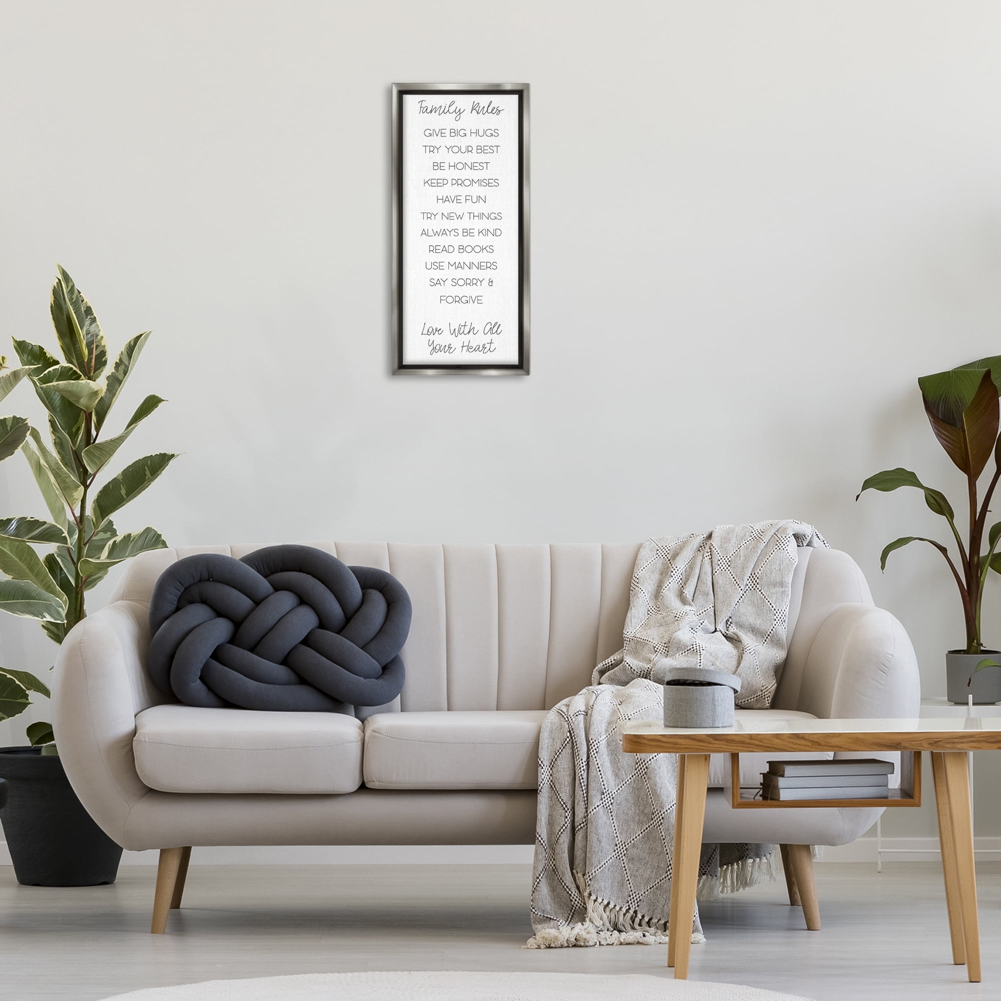 Stupell Industries Minimal Family Rules Typography Painting Gray Floater Framed Art Print Wall Art, 11 x 25