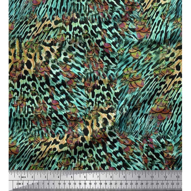 Soimoi Blue Poly Georgette Fabric Leopard & Peacock Animal Skin Fabric Prints By Yard 42 Inch Wide