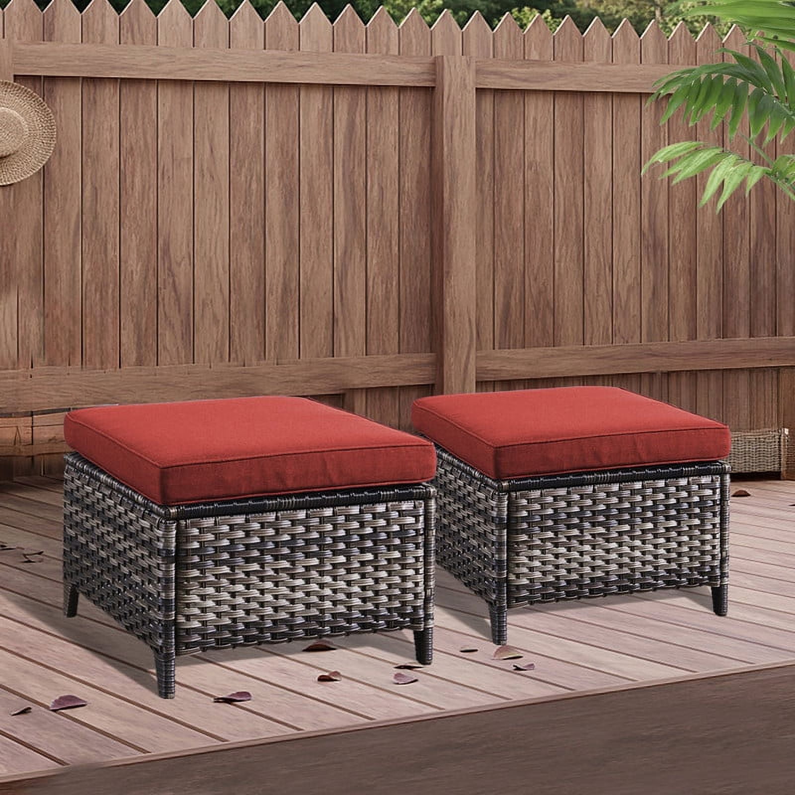 PARKWELL 2PCS Outdoor Wicker Ottoman Patio Rattan Furniture Footrest Seat Square Footstool w/Red Cushion