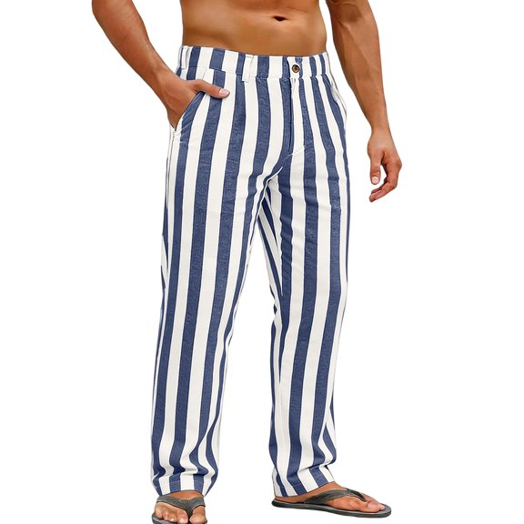 Gaukiv Men's Striped Trousers Button Fly Straight Leg Casual Pants Dark Blue 3XL