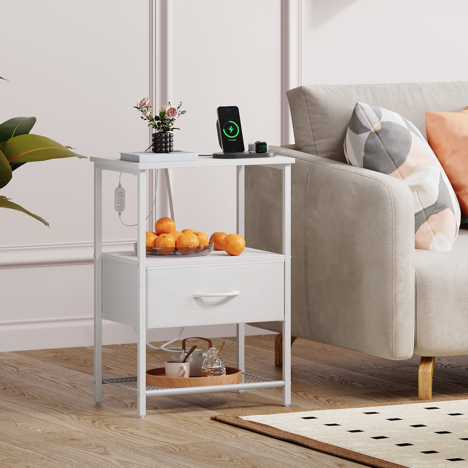 Eunos White Small Nightstand Set of 2 with Charging Station, LED and Storage Shelfs for Bedroom, Living Room