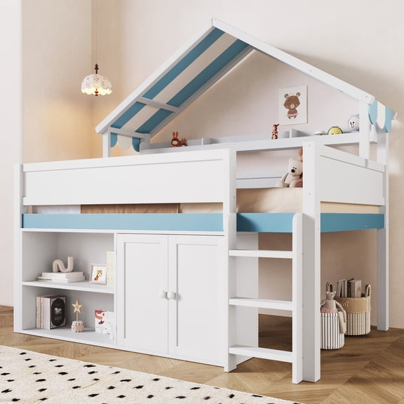 Noble House Devon Full Size Loft Bed, Playhouse Canopy Roof with Storage Cabinet and Shelves, White and Blue