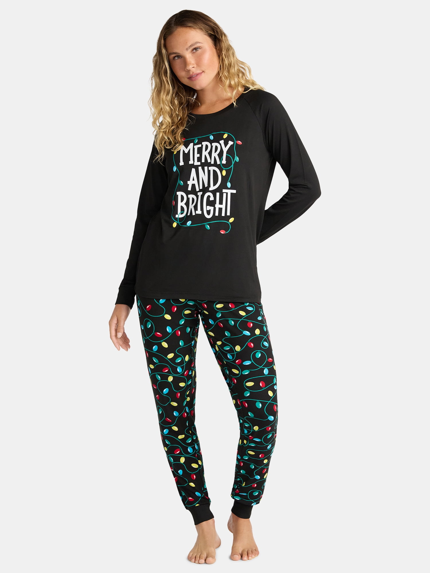 Holiday Time Women's Matching Family Pajamas Merry and Bright Top and Pants Set, 2-Piece, Sizes S-3X