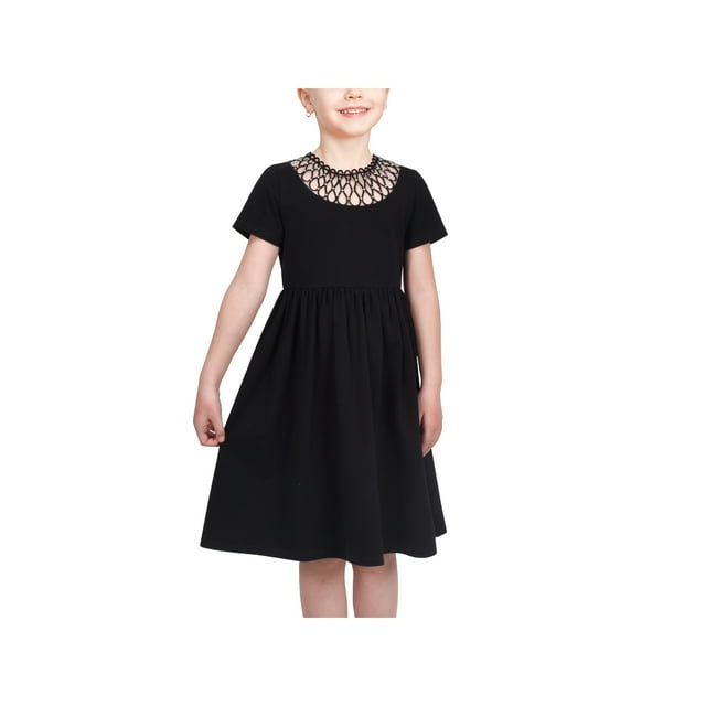 Robe Fille Chemise Noire Col Filet Perlé Courte Formelle Élégante 10 Ans