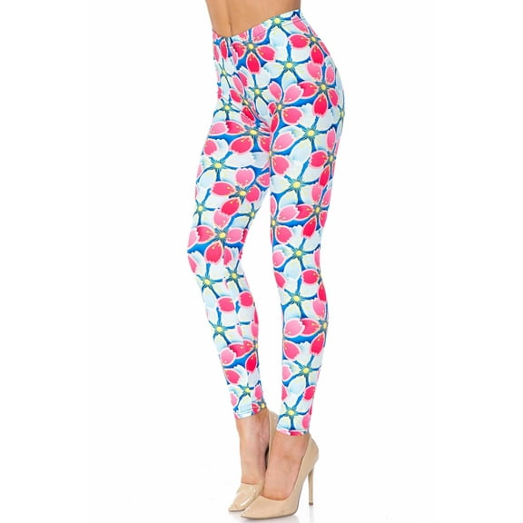 Creamy Soft Leggings Premium Women's Pink and Blue Sunshine Floral Extra Plus, High Rise, Stretchy, Comfortable, 3X-5X Leggings - by USA Fashion