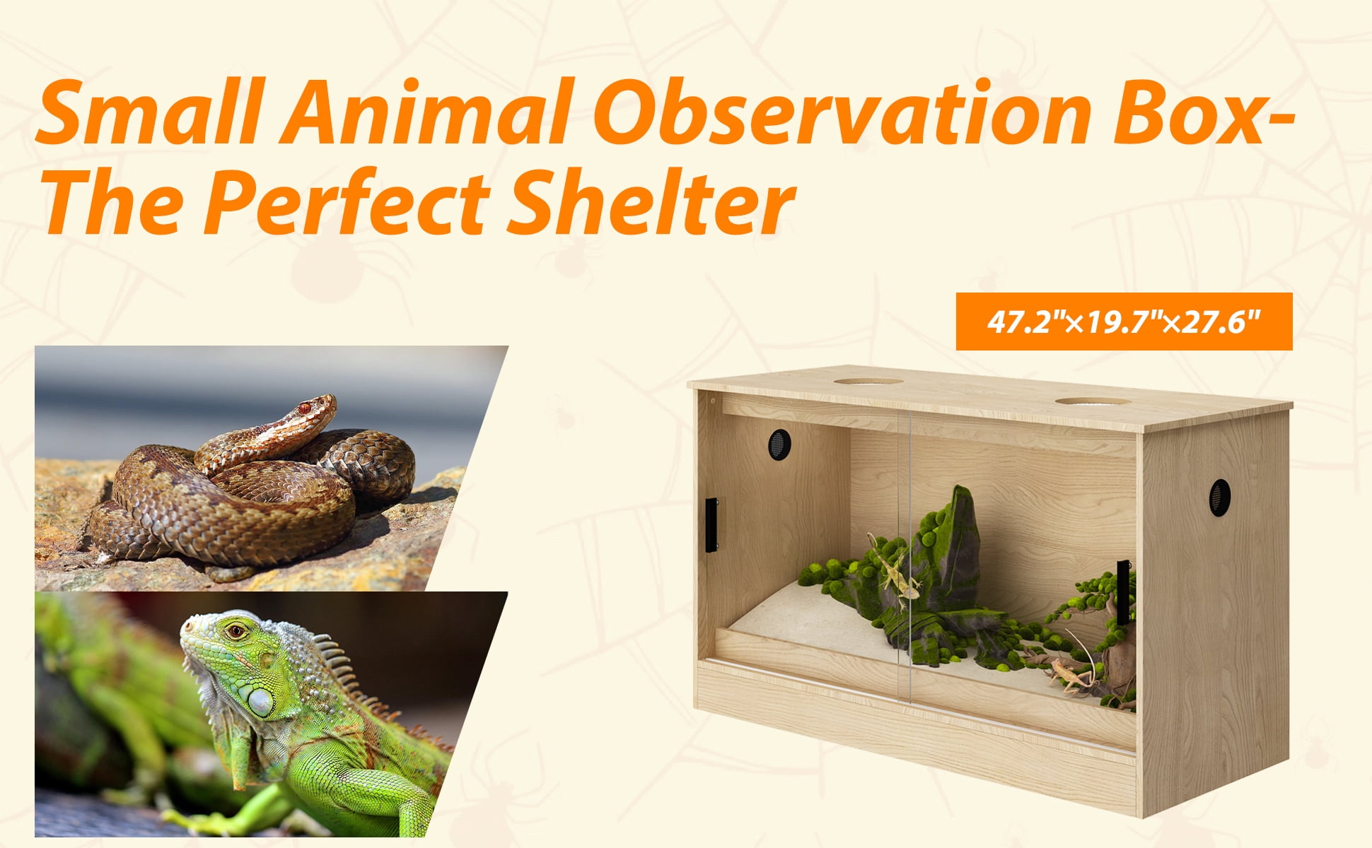NARTRU 90 Gallon Large Wooden Reptile Habitat Terrarium Tank with Glass Sliding Doors, Screen Ventilation