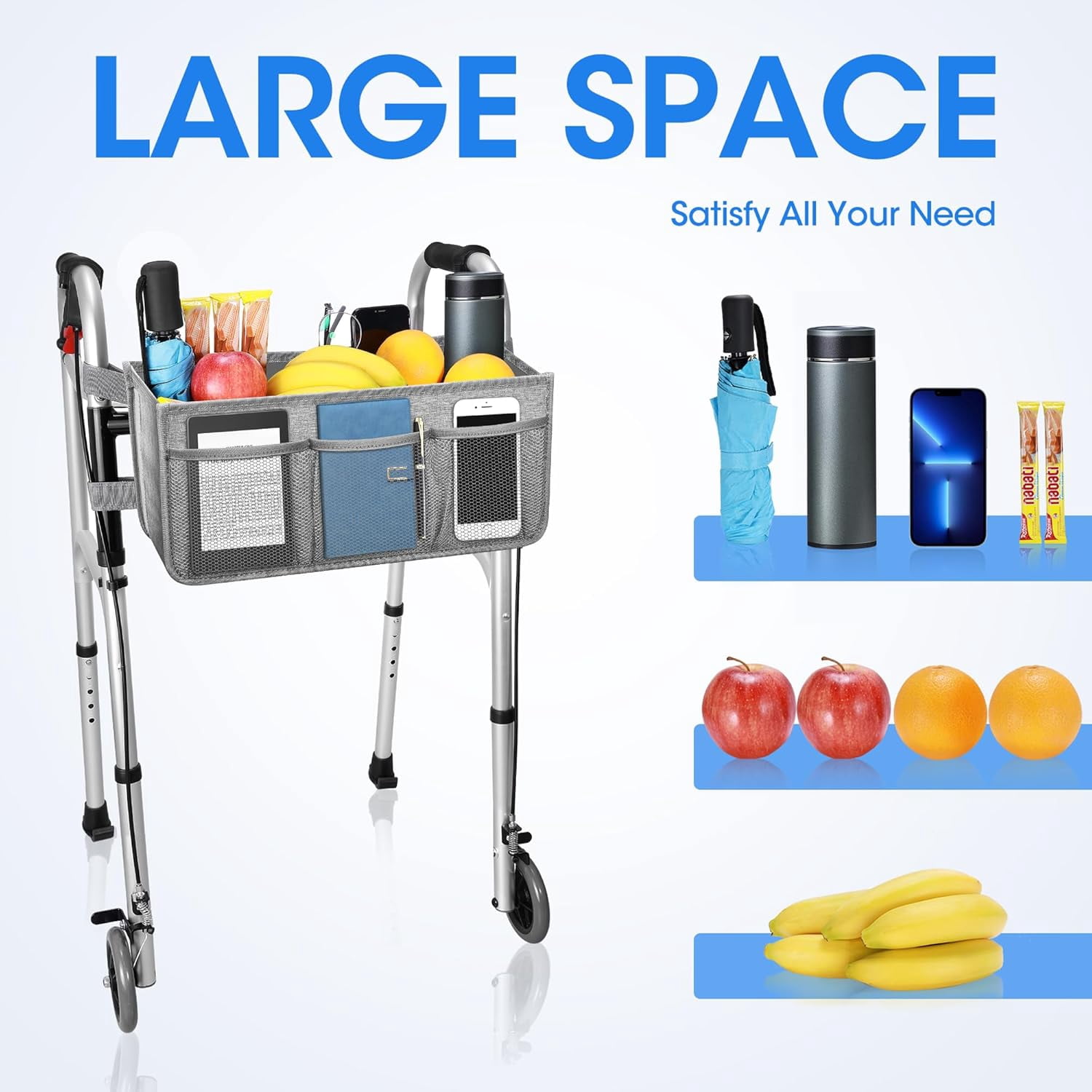 KitchenKey Upgraded Walker Basket with Cup Holder, Foldable Walker Bag with Large Capacity & Never Tipping Over, Not Fit for Rollator - Grey