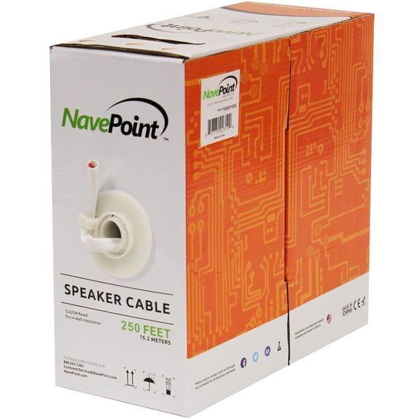 Cable de altavoz NavePoint, calibre 14, 250 pies, CL2, 2 conductores, blanco