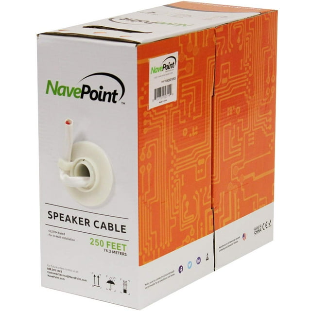 Cable de altavoz NavePoint, calibre 14, 250 pies, CL2, 2 conductores, blanco