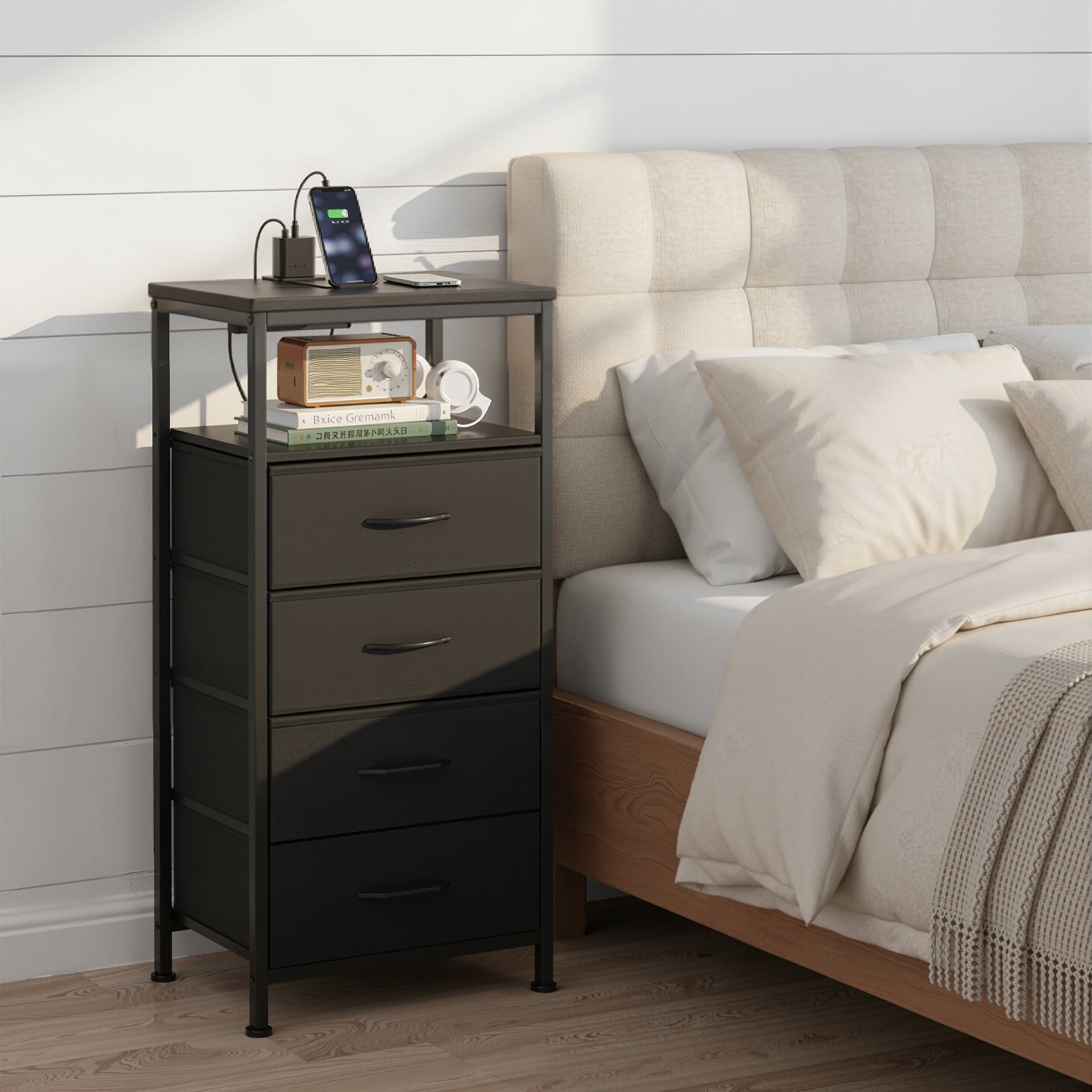 EDX 4 Fabric Drawers Nightstand with Charging Station & USB/Type-C Ports and Outlets, Variable Light Strip Bedside End Table with Adjustable Feet for Bedroom, Black