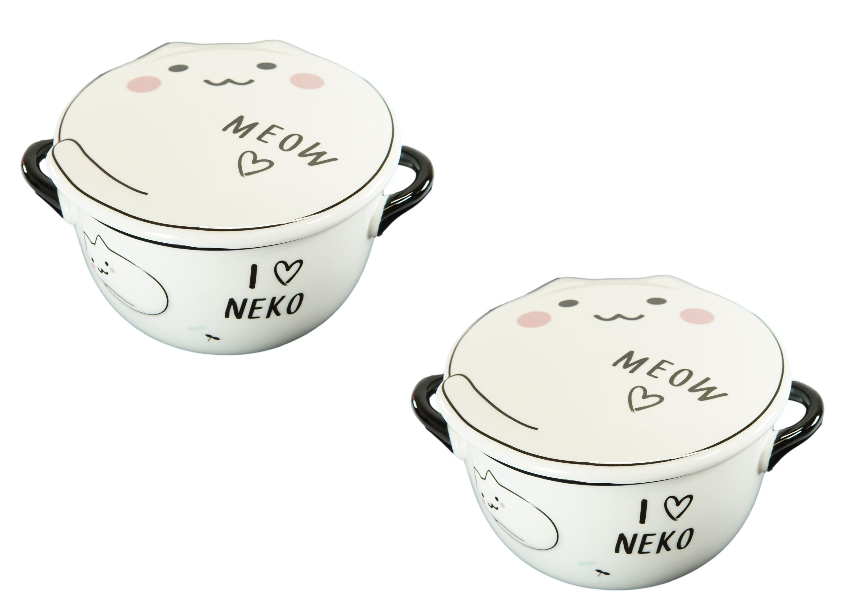 Ebros Pack Of 2 White Maneki Neko Lucky Cat Porcelain Kids Food Bowls W/Lid 25Oz