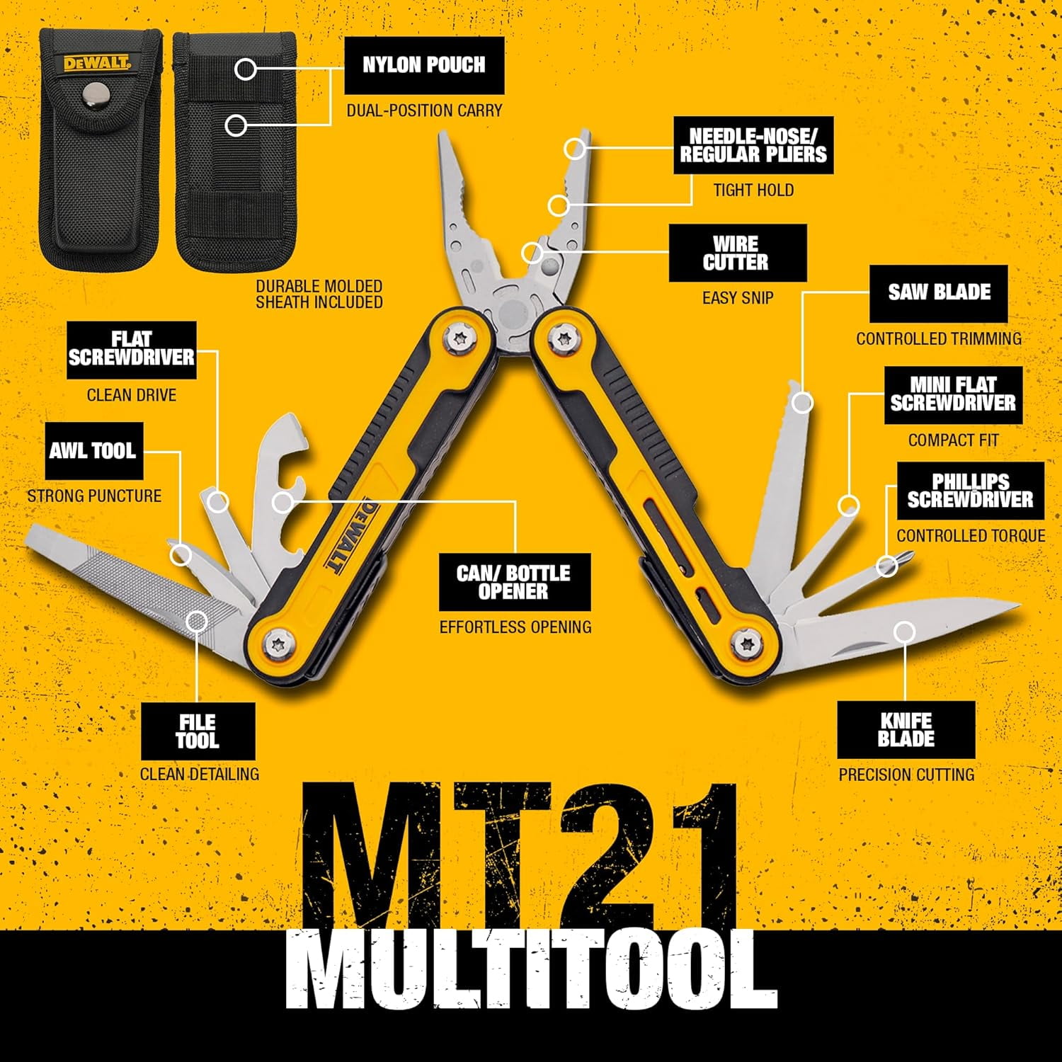 DEWALT 11-in-1 Folding Multitool with Sheath Compact Pocket Tool with Knife, Pliers, Screwdrivers, Saw, Can and Bottle Openers