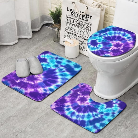 Purple Blue Tie Dye Pattern Bathroom Rugs Sets 3 Piece,Toilet Cover Set,Absorbent Non Slip Bathroom Mats Sets with U-Shaped Contour Rug Toilet Rug Set