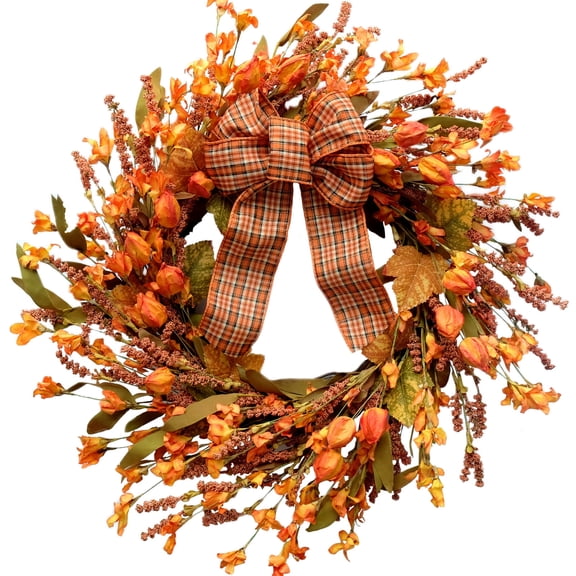 Idyllic 18 inches Artificial Fall Wreath, Autumn Wreath with Berries & Leaves, Thanksgiving Harvest Front Door Wreath for Home Farmhouse Halloween Thanksgiving Day Festival Celebration Decor