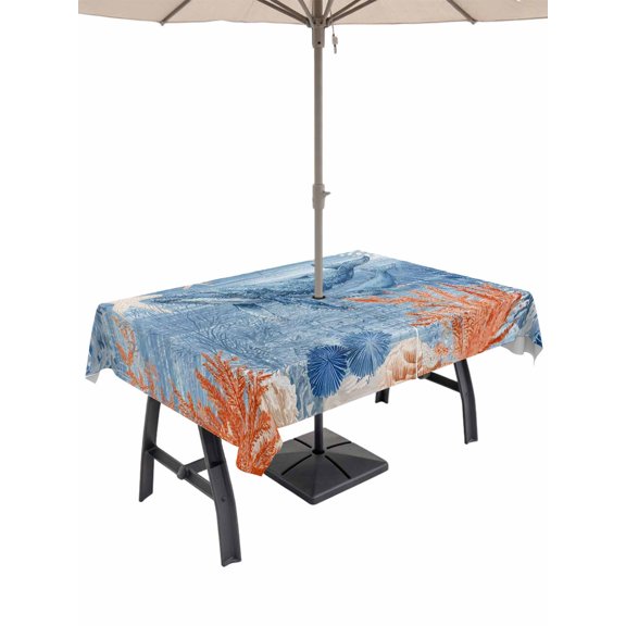 Outdoor Tablecloth with Umbrella Hole for Patio/Picnic/Party/Camping, Blue Coastal Whale Waterproof Table Cloth Rectangle Table Cover Washable, Retro Nautical Marine Life Leaves (60"x 102")