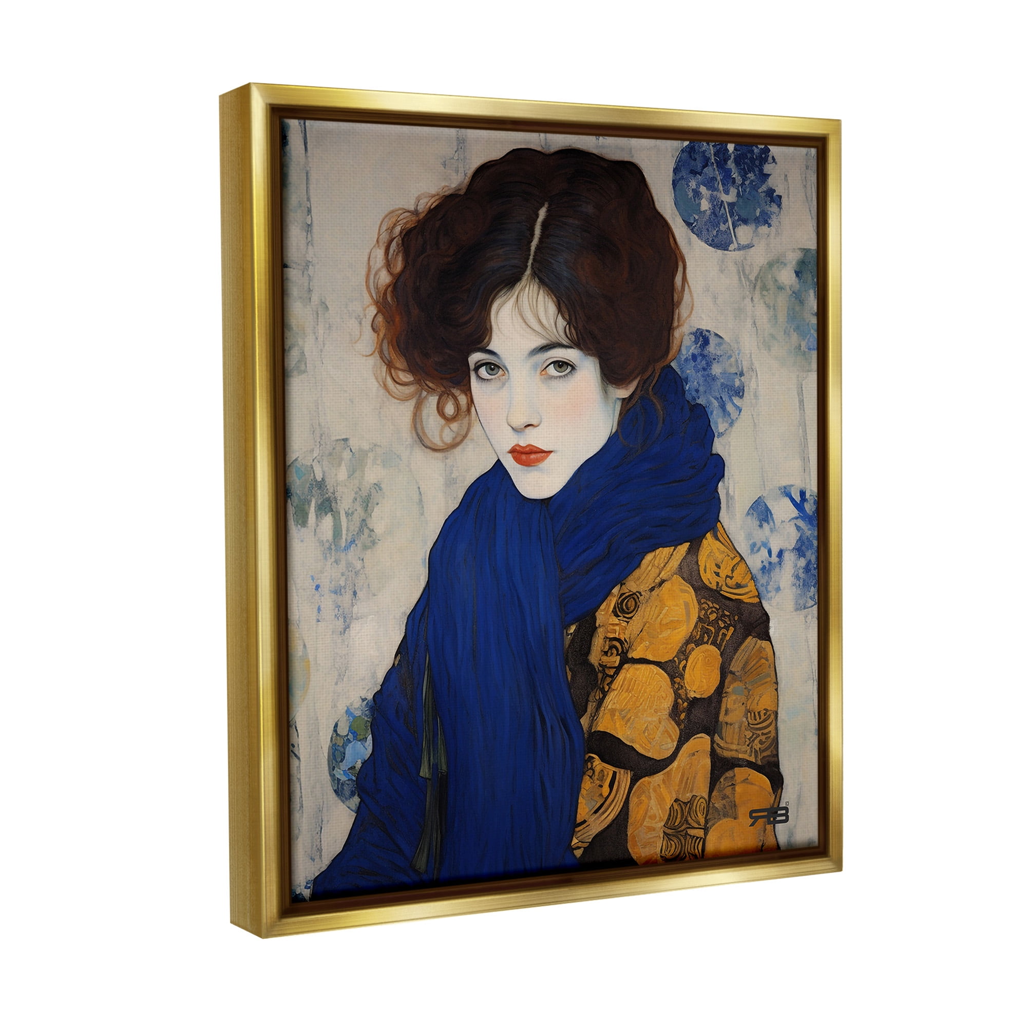 Stupell Industries Chic Woman Blue Scarf Beauty & Fashion Painting Gold Floater Framed Canvas Art Print Wall Art, 17 x 21