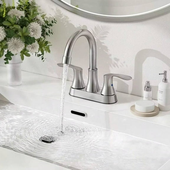 REZJSWFSMMJ Brushed Nickel/Oil Rubbed Bronze Centerset Bathroom Faucet - 4" 3-Hole 2 Handle High Arc Design