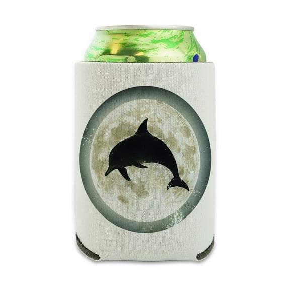 Dolphin Jumping Moon Ocean Night Silhouette Can Cooler - Drink Sleeve Hugger Collapsible Insulator - Beverage Insulated Holder