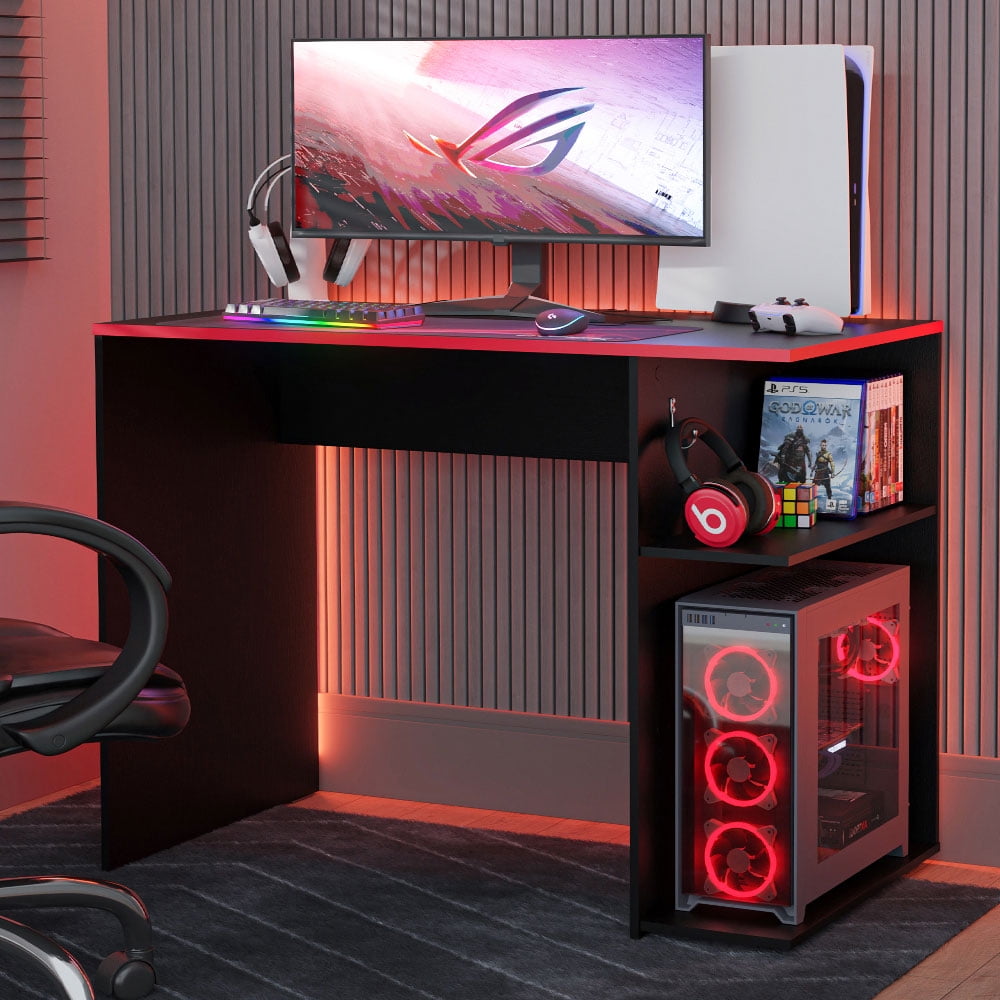 DESINO Bureau Gamer 81,3cm Noir - Surface Carbone, Crochet Casque Et Repose-Pieds Réglable